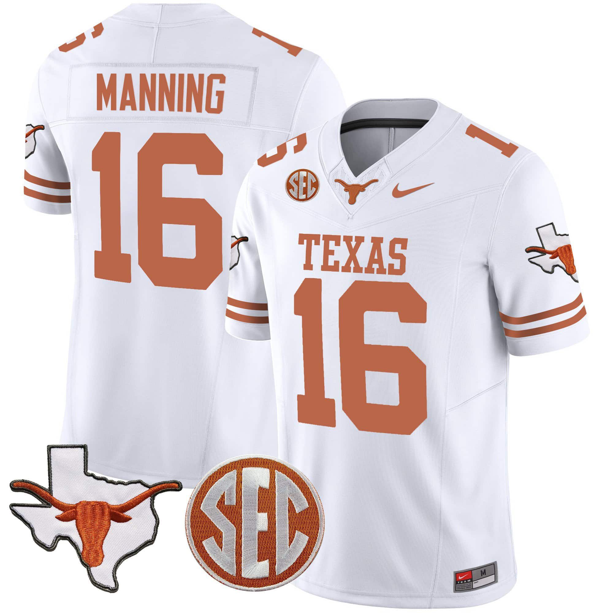 Men Texas Longhorns #16 Manning White 2024 Nike State Map & SEC Patch Vapor NCAA Jersey
